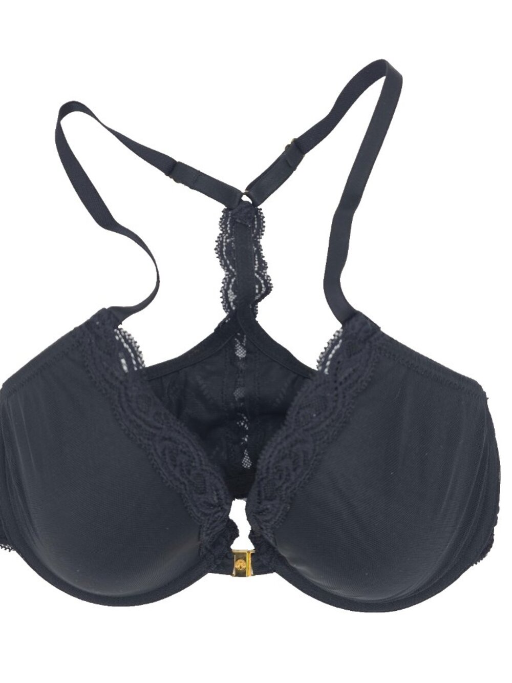 Natori Feathers 735023 Bra 32D Black Front Close T-Back Underwire Lace 735023